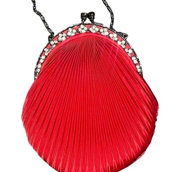 Kate Landry Red Pleated Silk Cocktail Purse Clutch with Rhinestones - Picture 3 of 5